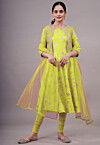 Foil Printed Cotton A Line Suit in Light Green