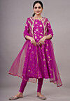 Foil Printed Cotton A Line Suit in Magenta