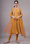 Foil Printed Cotton A Line Suit in Mustard