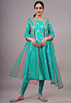 Foil Printed Cotton A Line Suit in Sky Blue