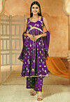 Foil Printed Cotton Anarkali Suit in Dark Purple