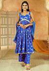 Foil Printed Cotton Anarkali Suit in Royal Blue