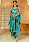 Foil Printed Cotton Anarkali Suit in Sky Blue