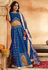 Foil Printed Dupion Silk Lehenga in Teal Blue