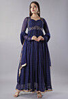 Foil Printed Georgette Abaya Style Suit in Navy Blue