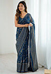Foil Printed Georgette Brasso Saree in Dark Teal Blue