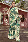 Foil Printed Georgette Brasso Saree in Teal Green