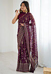 Foil Printed Georgette Brasso Saree in Wine
