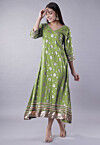 Foil Printed Rayon Aline Kurta in Green