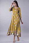 Foil Printed Rayon Aline Kurta in Mustard
