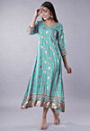 Foil Printed Rayon Aline Kurta in Sky Blue