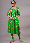 Foil Printed Rayon Aline Kurta Set Set in Green