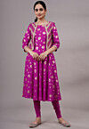 Foil Printed Rayon Aline Kurta Set Set in Magenta