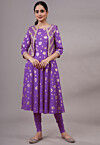 Foil Printed Rayon Aline Kurta Set Set in Purple