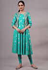 Foil Printed Rayon Aline Kurta Set Set in Sky Blue