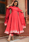 Gota Embellished Cotton Anarkali Suit in Corel Red