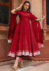 Gota Embellished Cotton Anarkali Suit in Maroon