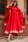 Gota Embellished Rayon Anarkali Suit in Red