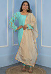 Gota Embellished Cotton Silk Straight Cut Suit in Turquoise
