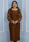 Gota Embellished Cotton Silk Straight Kurta in Dark Brown