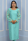 Gota Embellished Cotton Silk Straight Kurta in Turquoise