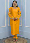 Gota Embellished Cotton Silk Straight Kurta Set in Dark Mustard