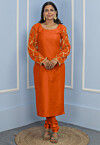 Gota Embellished Cotton Silk Straight Kurta Set in Dark Orange
