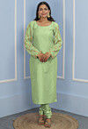 Gota Embellished Cotton Silk Straight Kurta Set in Pastel Green