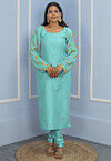 Gota Embellished Cotton Silk Straight Kurta Set in Turquoise