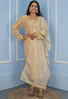 Gota Embellished Cotton Silk Straight Suit in Beige