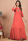 Gota Embellished Georgette Straight Kurta Set in Coral