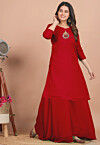 Gota Embellished Georgette Straight Kurta Set in Red