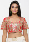 Gota Embroidered Dupion Silk Blouse in Red