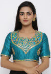 Gota Embroidered Dupion Silk Blouse in Teal Blue