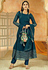 Gota Lace Georgette A Line Suit in Teal Blue