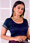 Gota Lace Satin Silk Blouse in Navy Blue