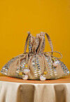 Gota Patti Art Silk Potli Bag in Beige