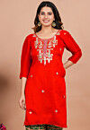 Gota Patti Art Silk Straight Kurta in Red