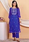 Gota Patti Georgette Straight Kurta Set in Royal Blue