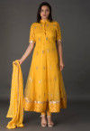 Gota Patti Net Anarkali Suit in Mustard