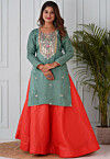 Gota Patti Uppada Silk Straight Kurta Set in Dusty Green