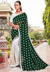 Half N Half Georgette Saree in Dark Green and Off White