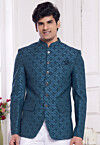 Hand Embroidered Art Silk Jacquard Jodhpuri Jacket in Teal Blue