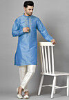 Hand Embroidered Art Silk Kurta Set in Blue