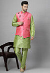 Hand Embroidered Art Silk Kurta Set in Light Green