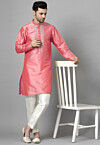 Hand Embroidered Art Silk Kurta Set in Peach