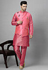 Hand Embroidered Art Silk Kurta Set in Pink