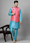 Hand Embroidered Art Silk Kurta Set in Sky Blue