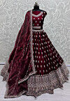Hand Embroidered Art Silk Lehenga in Maroon