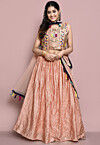 Hand Embroidered Art Silk Lehenga in Peach